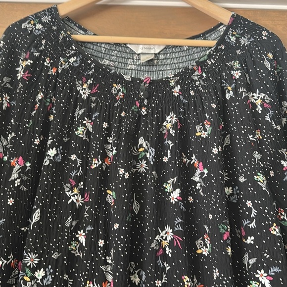CJ Banks Peasant Blouse Womens 1X black/Floral smocked neckline Prairie crinkle - Picture 3 of 11